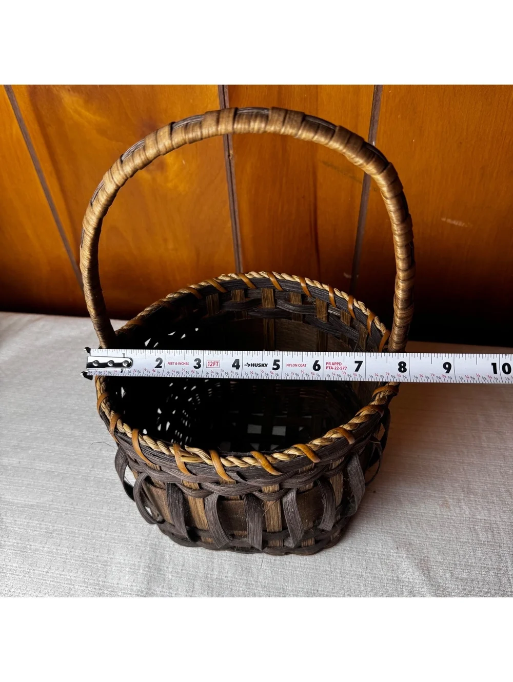 Handmade woven basket with tall handle 11.5 inch rustic farmhouse decor 87